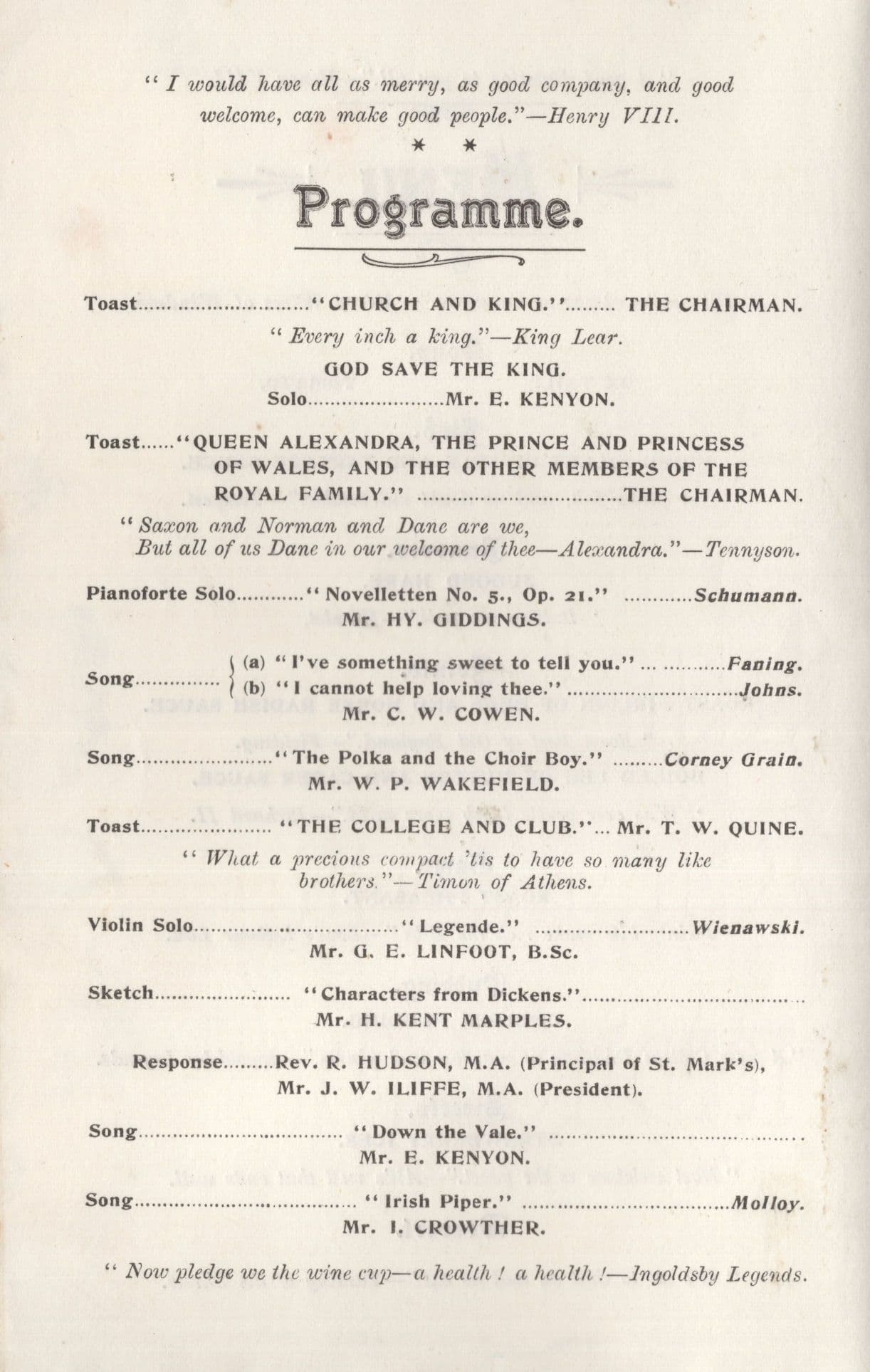 St Mark's College Club Yorkshire West Riding Dinner Menu Masons