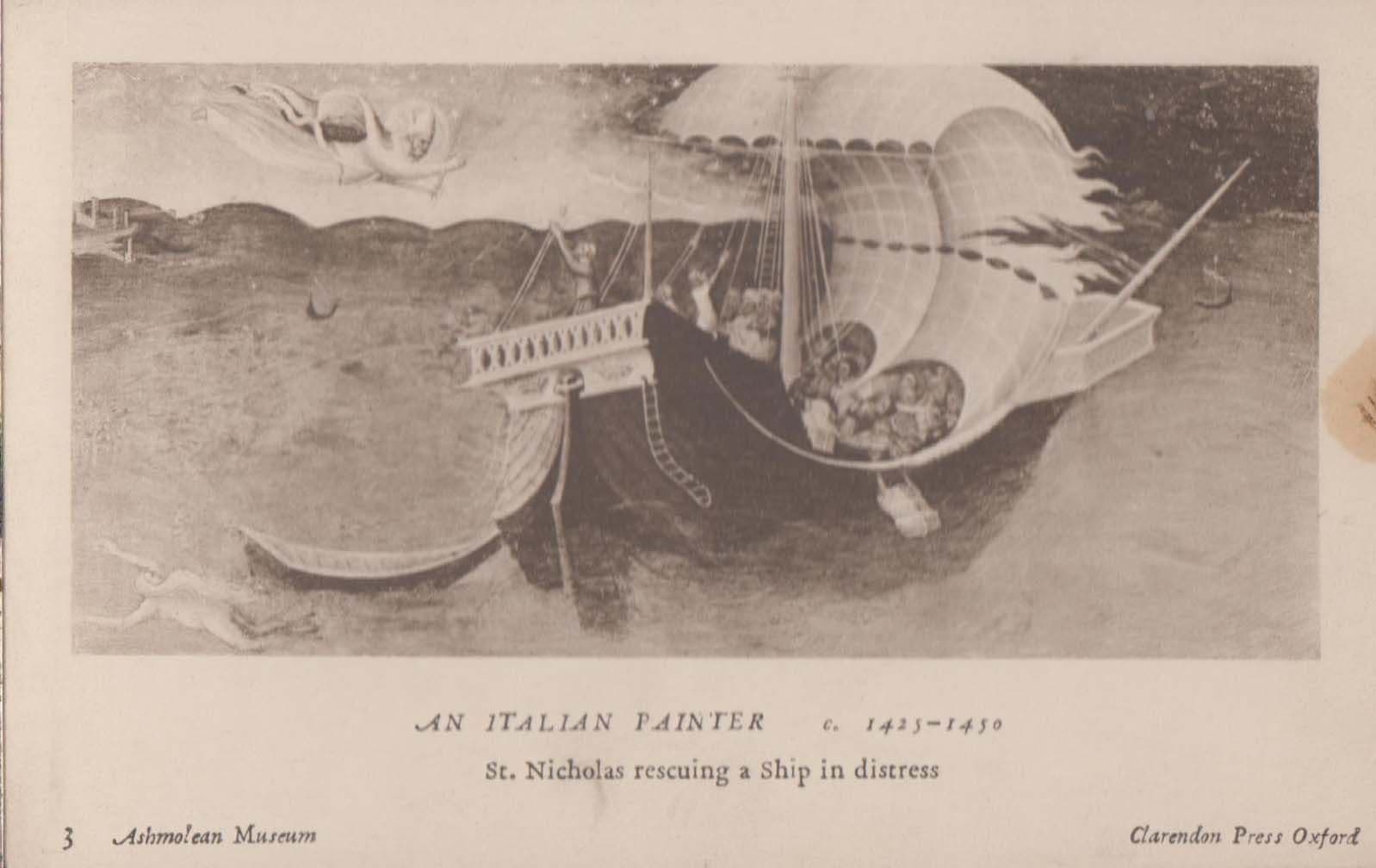 St Nicholas Rescuing A Ship In Distress Boat Disaster Painting Antique Postcard