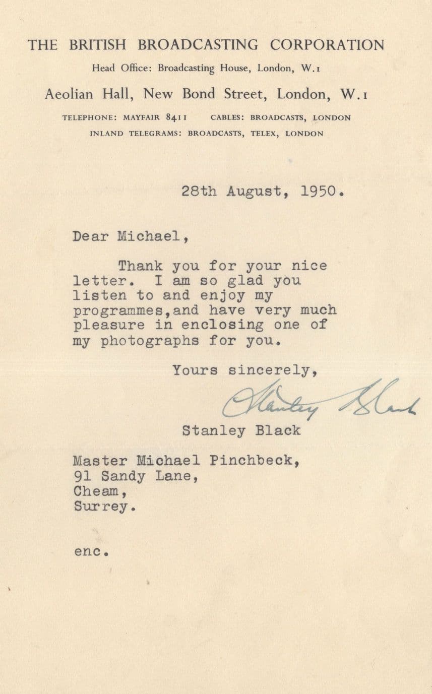 Stanley Black The Goon Show Song Composer BBC Hand Signed Letter