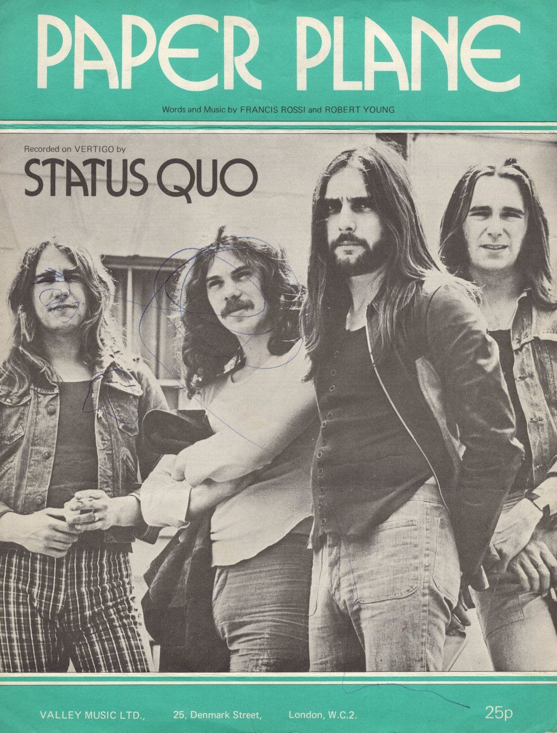 Status Quo Paper Plane Antique RARE Sheet Music Please Read