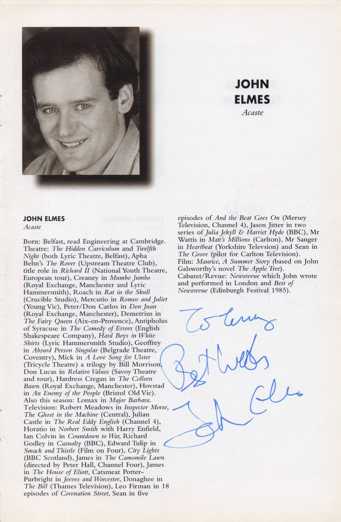 Stephan Noonan First Dr Who Voice John Elmes Hand Signed Theatre Page