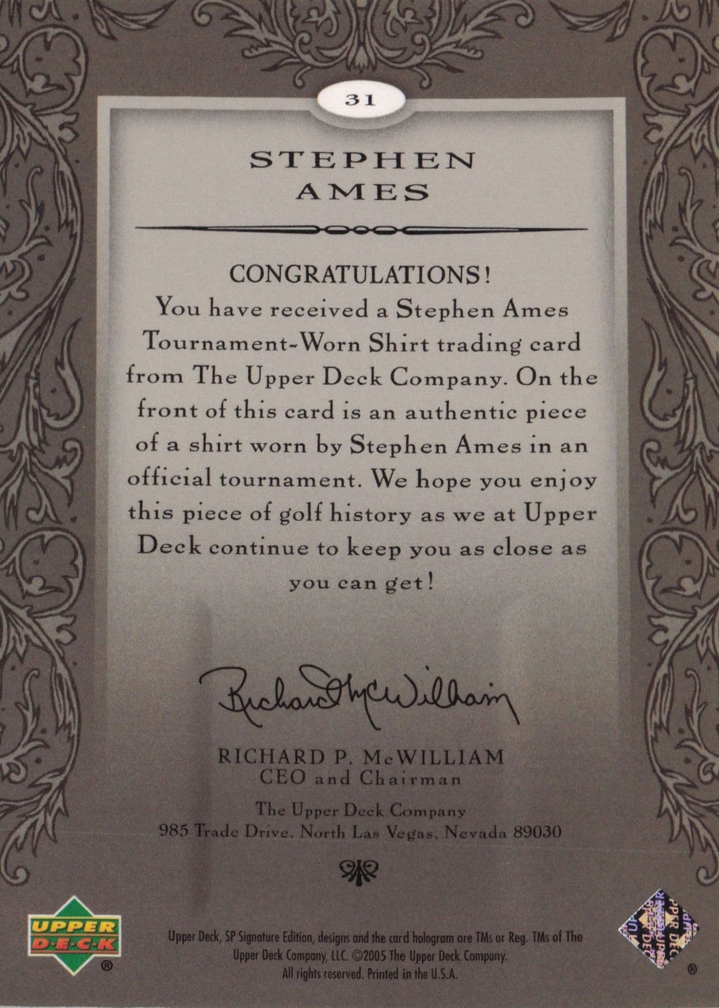 Stephen Ames First Tee SP 2005 Golf Upper Deck Relic Shirt Card