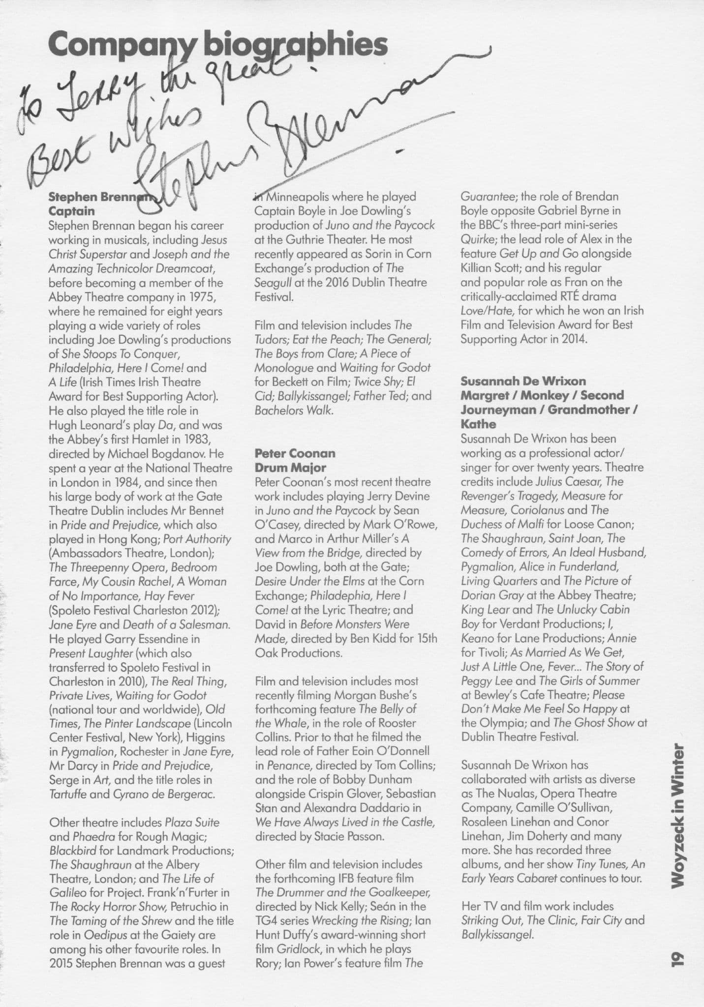 Stephen Brennan Woyzeck In Winter Hand Signed Theatre Page
