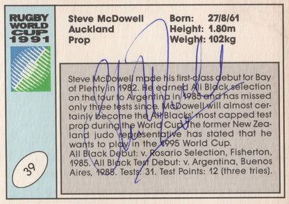 Steve McDowell New Zealand Hand Signed Rugby 1991 World Cup Card Photo
