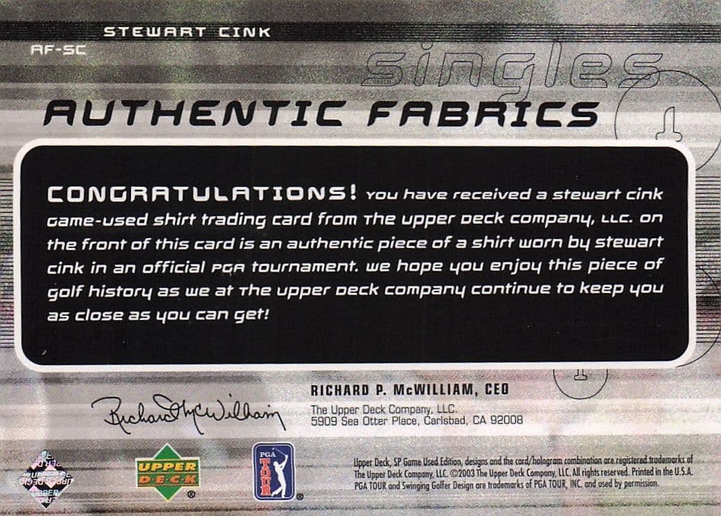 Stewart Cink Authentic Fabrics Singles Golf Upper Deck Worn Shirt Card