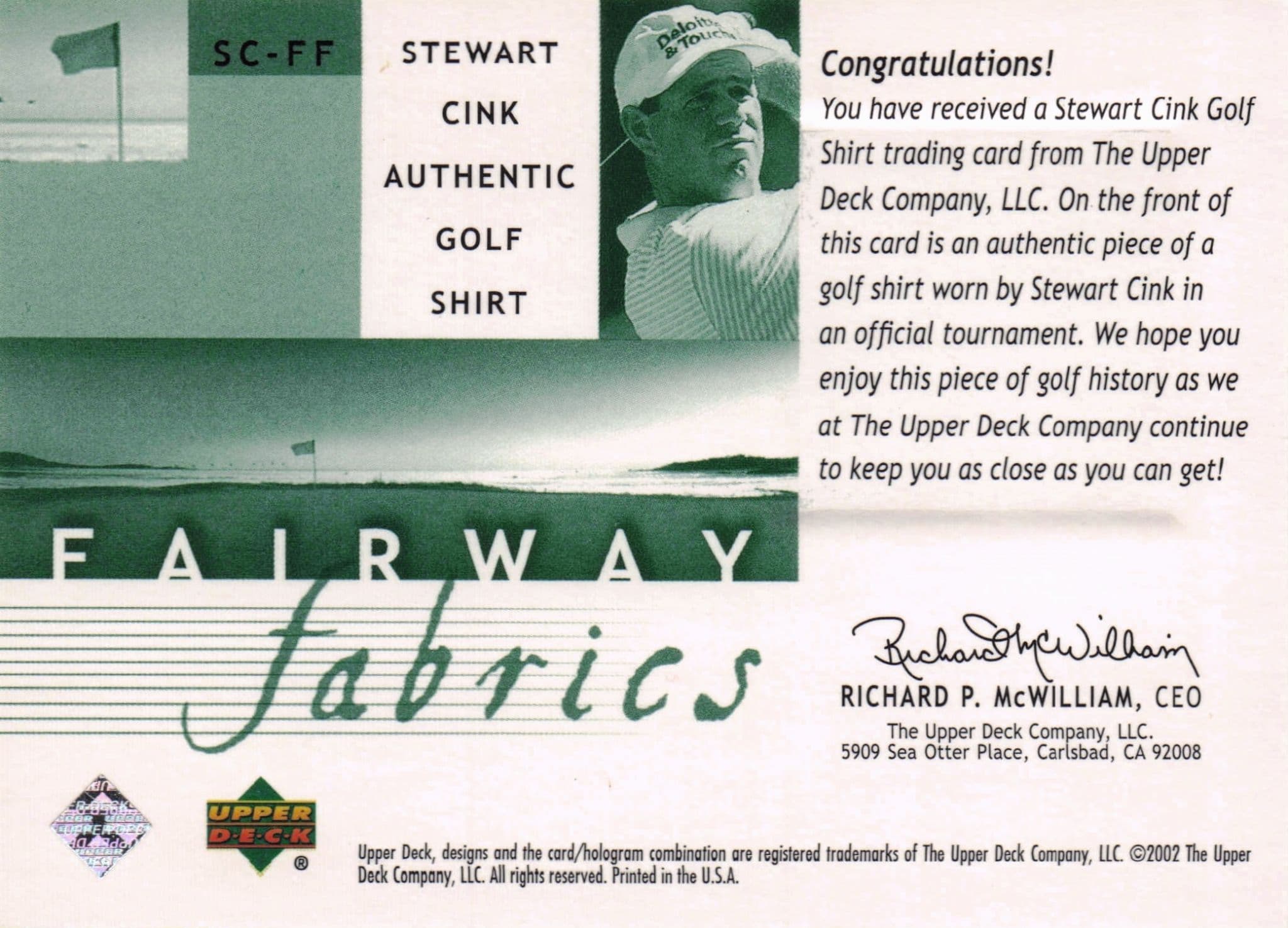 Stewart Cink Fairway Fabrics 2002 Golf Upper Deck Real Shirt Relic Card