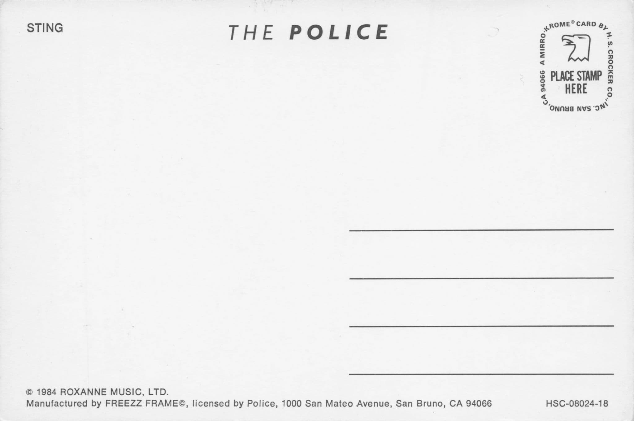 Sting of The Police Roxanne CA Music Publishers USA Rare Photo Postcard