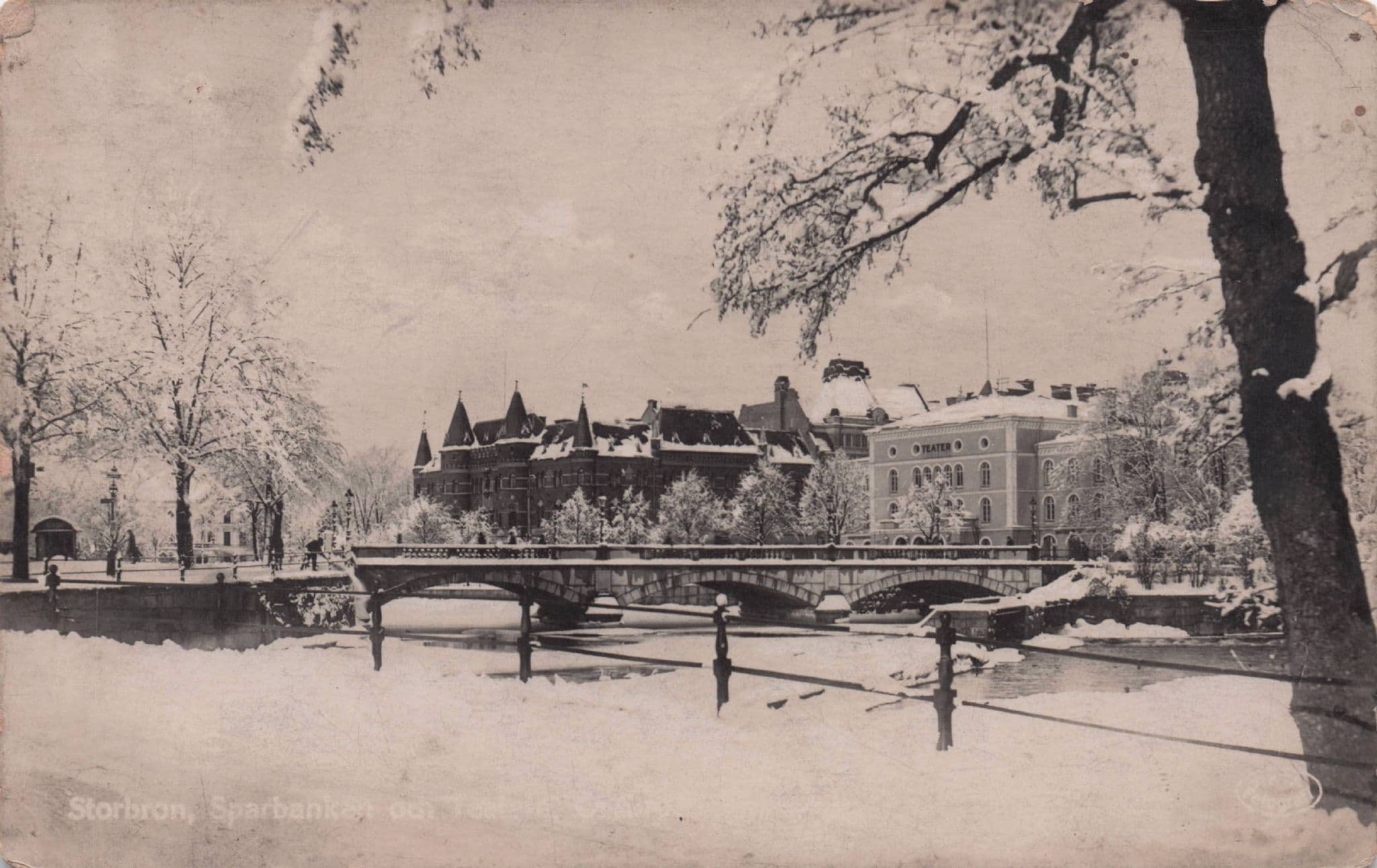 Storbron Orebro Bridge in Snow River Sweden Old RPC Postcard