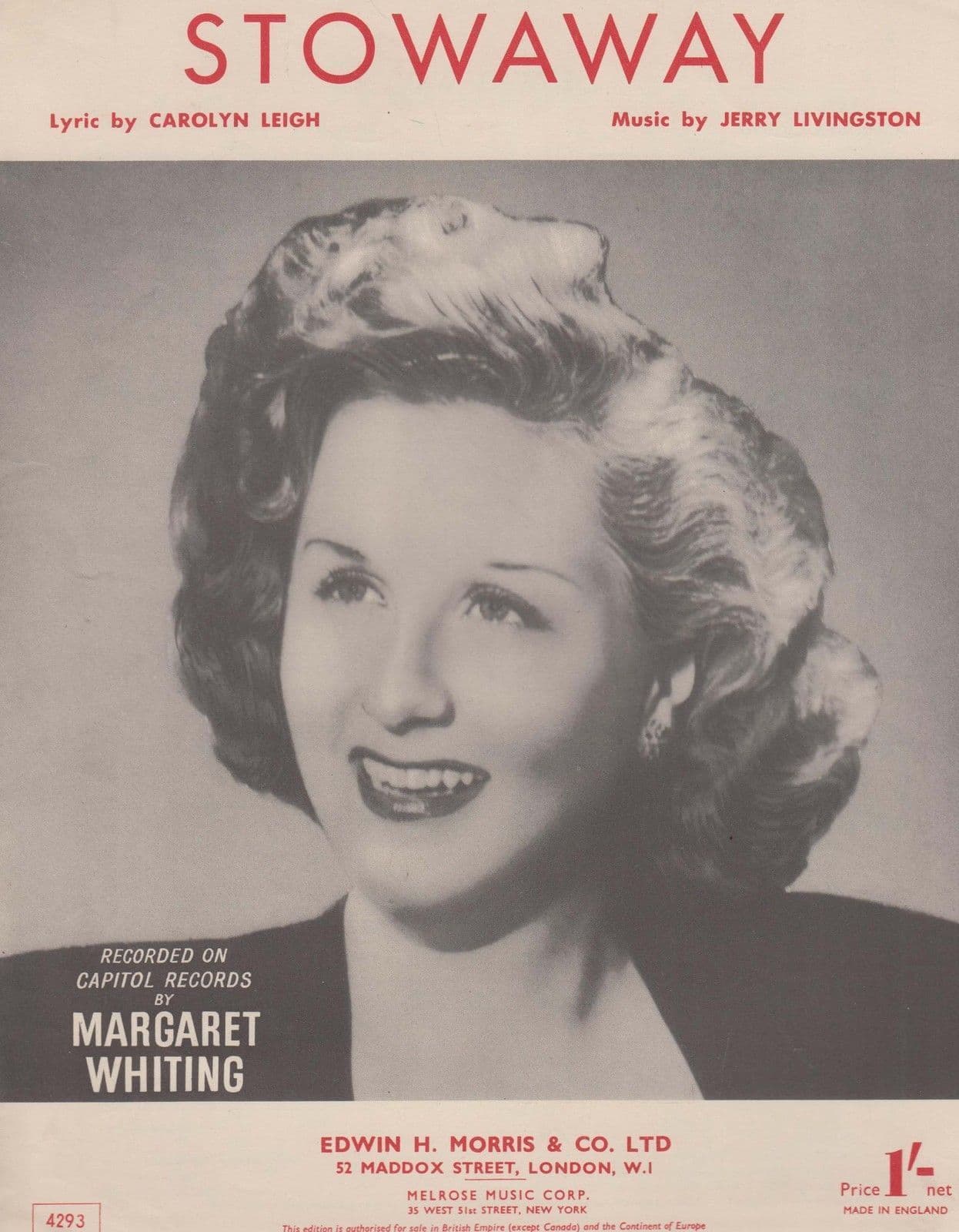 Stowaway Margaret Whiting 1950s Sheet Music