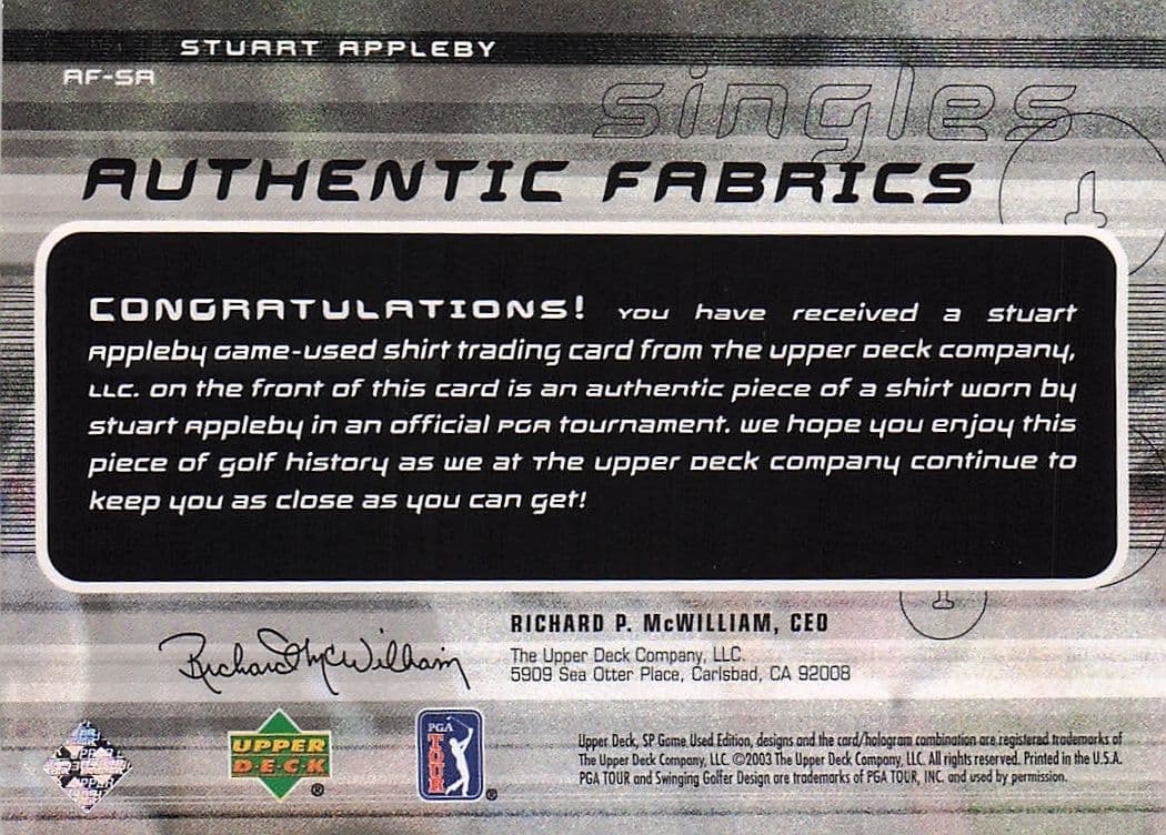 Stuart Appleby Authentic Fabrics Singles Golf Upper Deck Worn Shirt Card