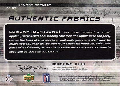 Stuart Appleby Authentic Fabrics Singles Golf Upper Deck Worn Shirt Card