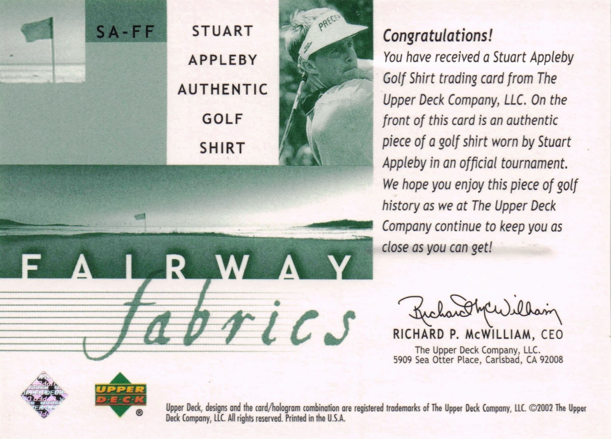 Stuart Appleby Fairway Fabrics 2002 Golf Upper Deck Real Worn Shirt Relic Card