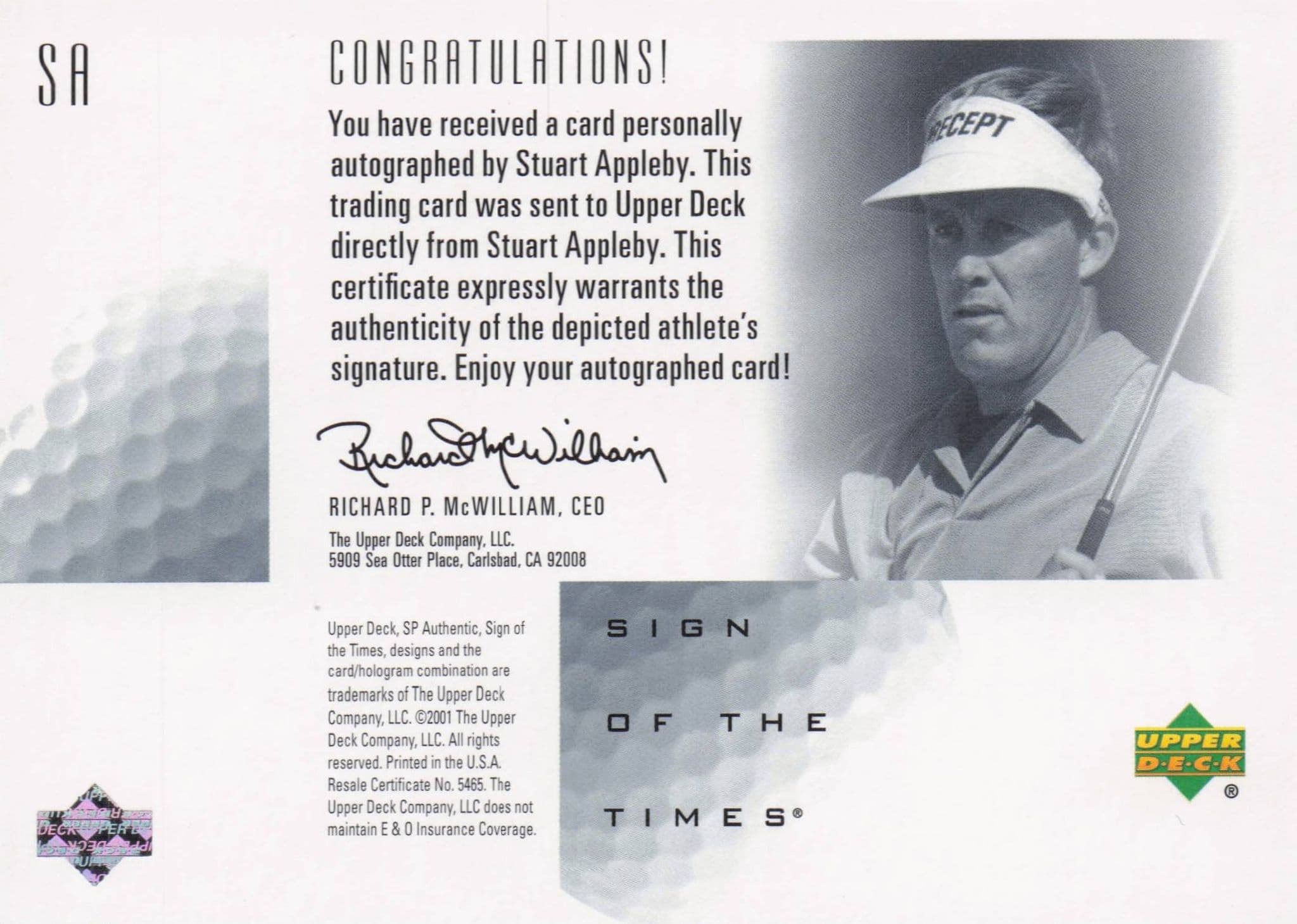 Stuart Appleby Sign Of The Times Hand Signed 2001 SP Golf Autograph Card