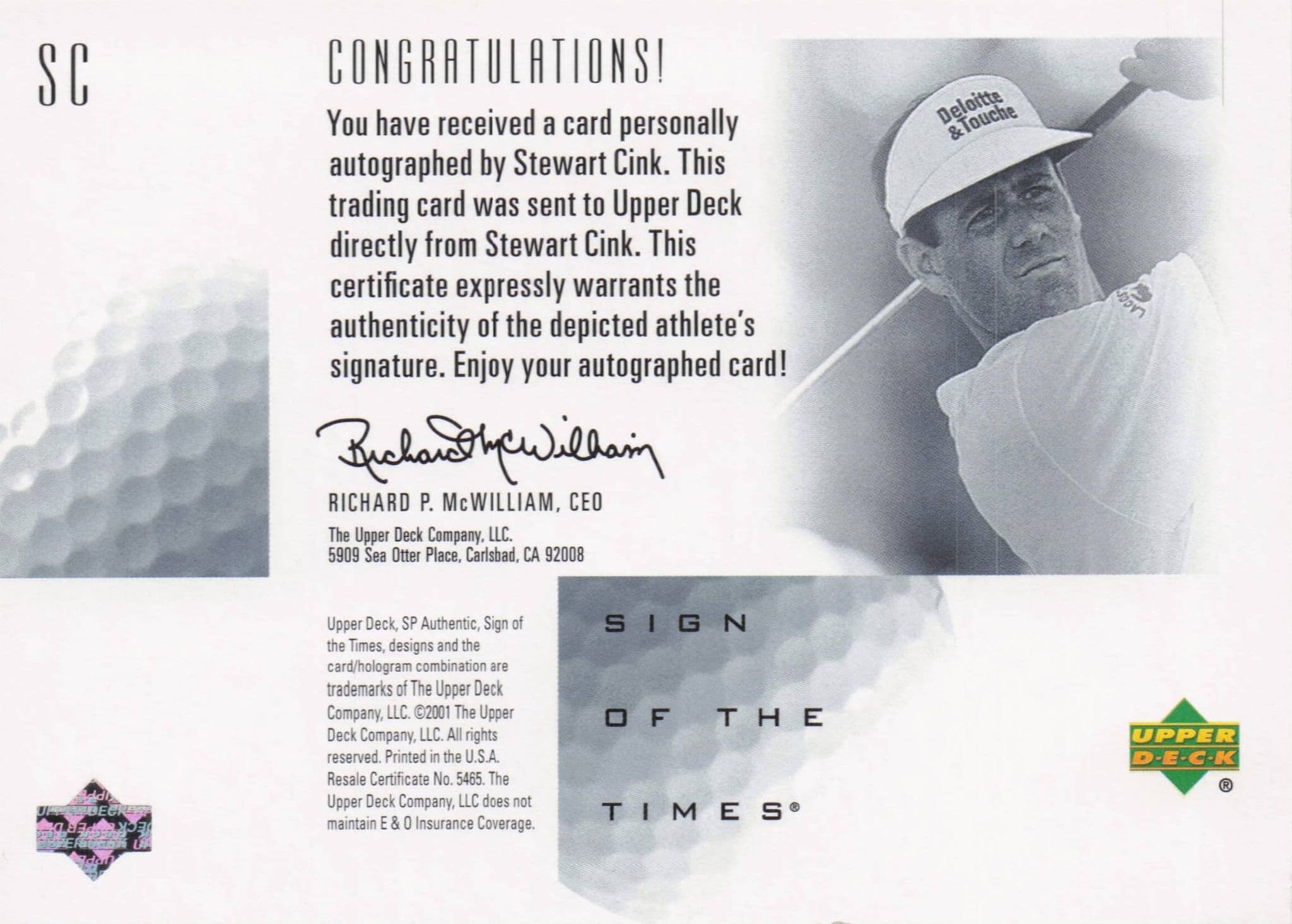 Stuart Cink Sign Of The Times Hand Signed 2001 SP Golf Autograph Card