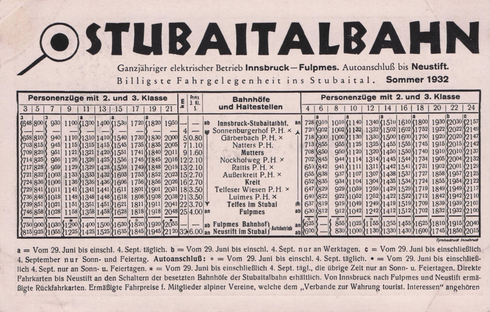 Stubaitalbahn 1932 Austria Train Old Railway Timetable Photo Card