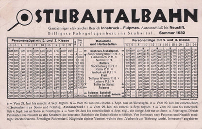 Stubaitalbahn 1932 Austria Train Old Railway Timetable Photo Card