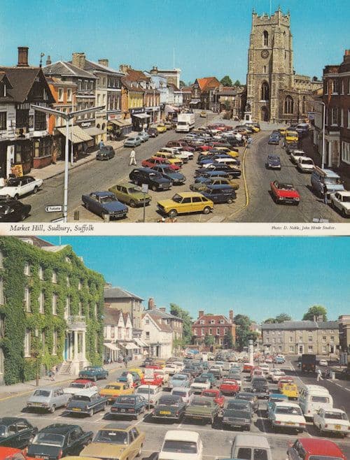 Sudbury & Bury St Edmunds Suffolk 1970s Packed Car Parks 2x Postcard