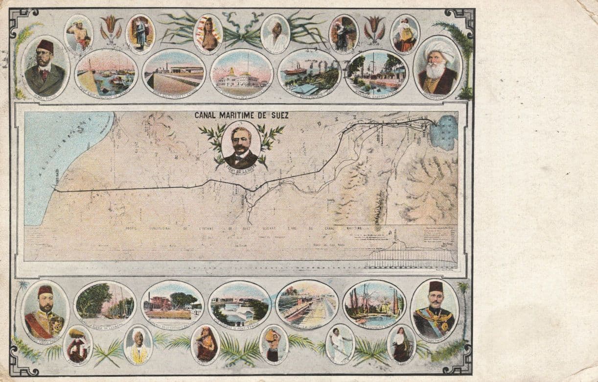 Suez Canal Egypt WW1 War Arabic Old Map Antique Postcard