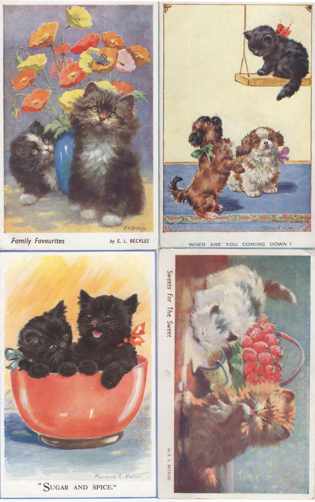 Sugar & Spice Family Favourites 4x Valentines Comic Cat Old Postcard s