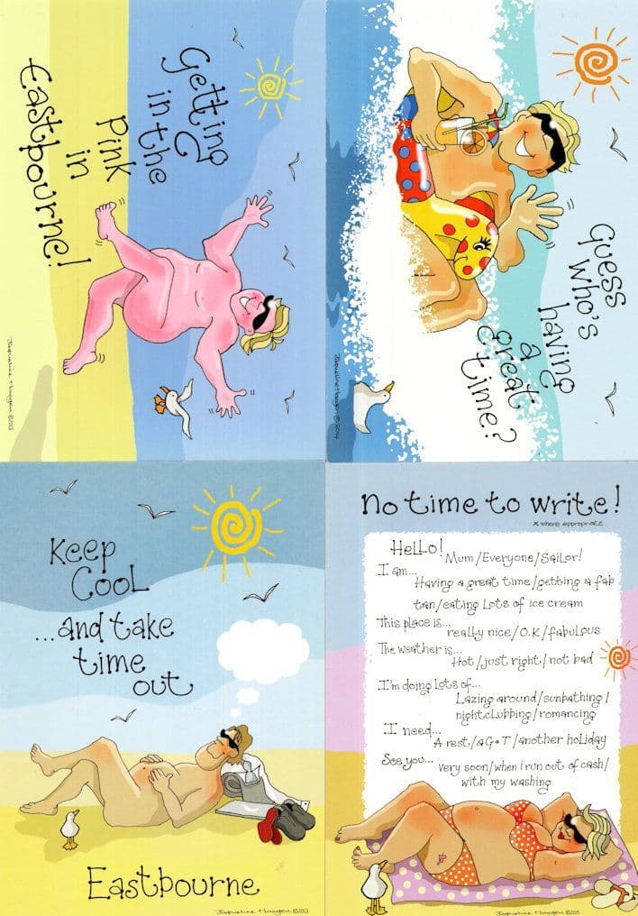 Sunbathing at Eastbourne 4x Seaside Local Comic Humour Postcard s