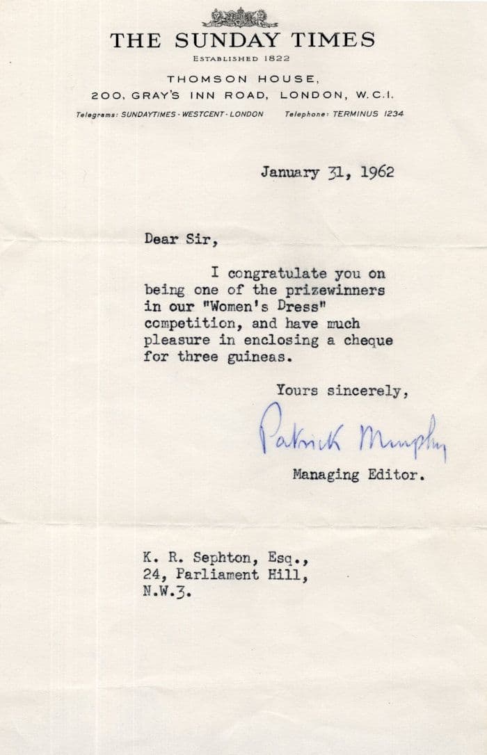 Sunday Times 1962 Womens  Fashion Dress Competition Winner Letter