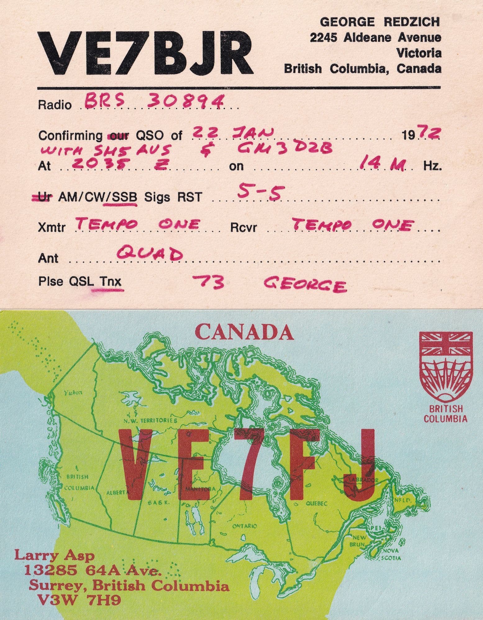 Surrey Victoria British Columbia Canada 2x 1970s QSL Radio Card s