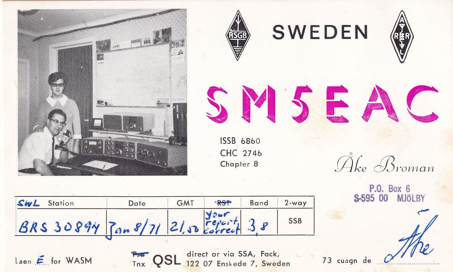Sweden Amateur Radio Station Vintage 1970s QSL Card