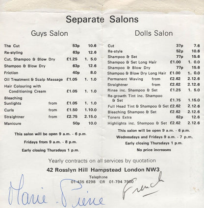 Sweeney Todd Hairdressers Hampstead London Price Guide Signed
