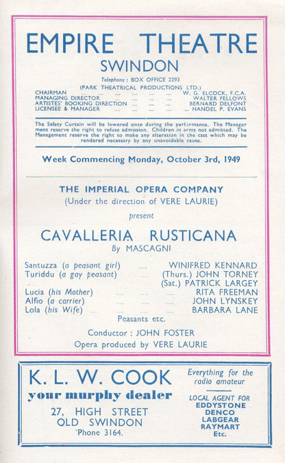 Swindon Wiltshire 2x Opera Theatre Programme s of Faust Cavalleria Rusticana