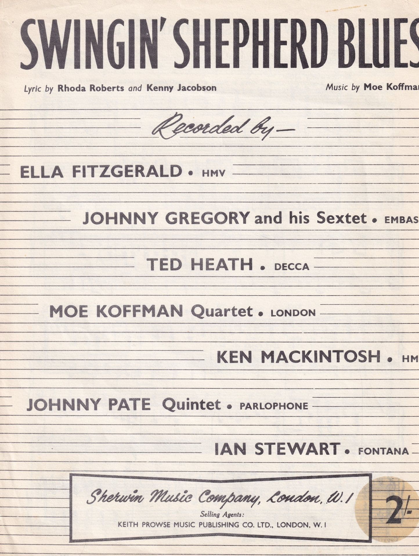 Swingin Shepherd Blues 1950s Ella Fitzgerald Ted Heath Sheet Music