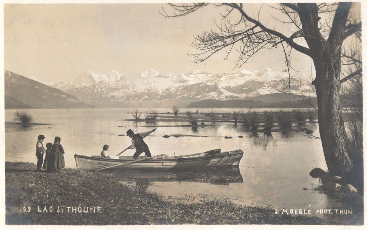 Swiss Man Takes Ladies On Boat Trip Lac Thoune Old Postcard