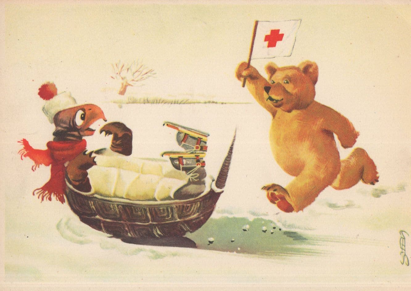 Switzerland Boat Canoe Teddy Flag Comic Transport Painting Postcard