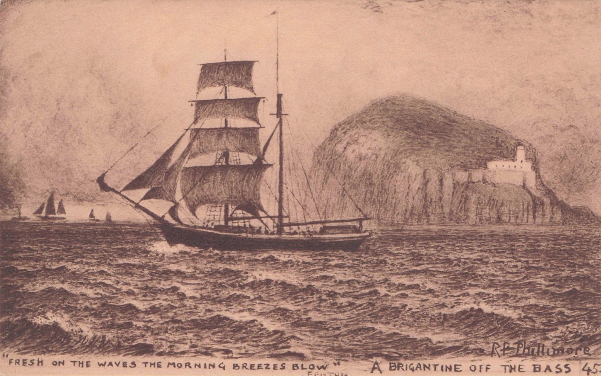 Tall Sailing Ship at Brigantine Bass Berwick Scotland Phillimore Postcard