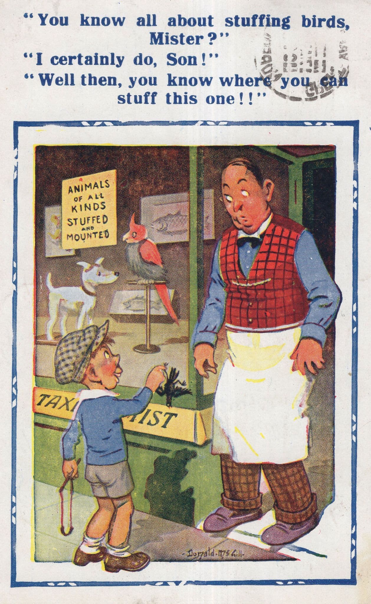 Taxidermy Boy With Dead Bird Toy Pellet Shooter Shop Old Postcard
