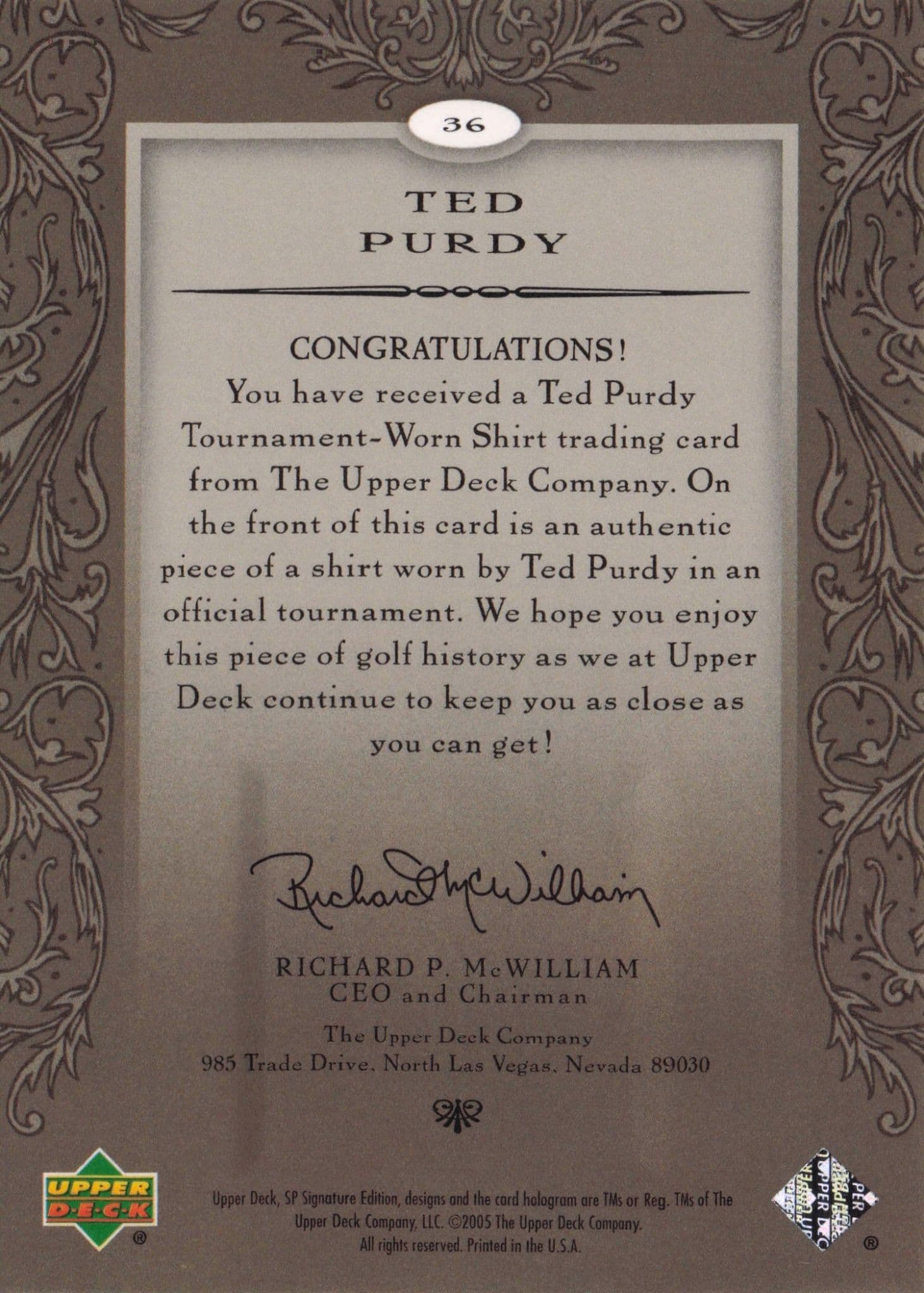 Ted Purdy First Tee SP 2005 Golf Upper Deck Relic Shirt Card