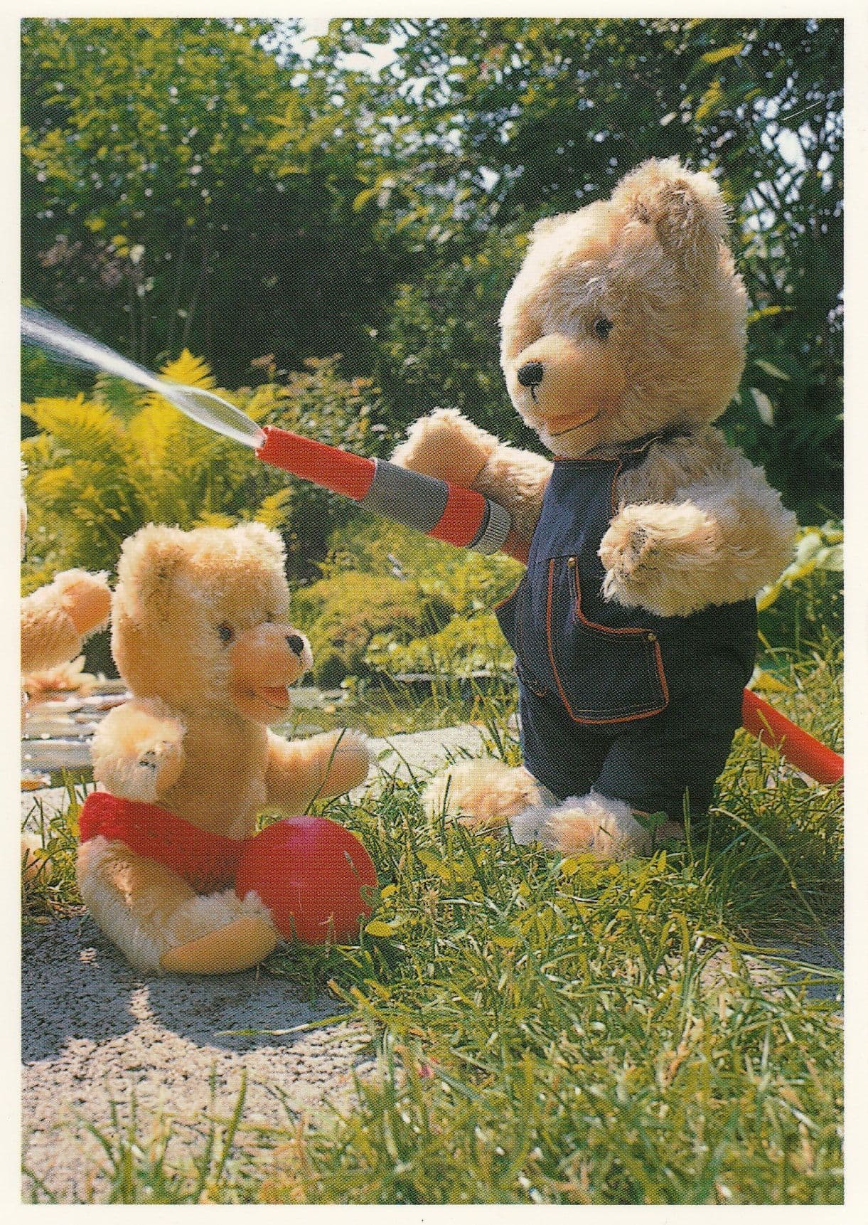Teddy Bear Bears Gardening Garden Hose Laughing RPC Postcard