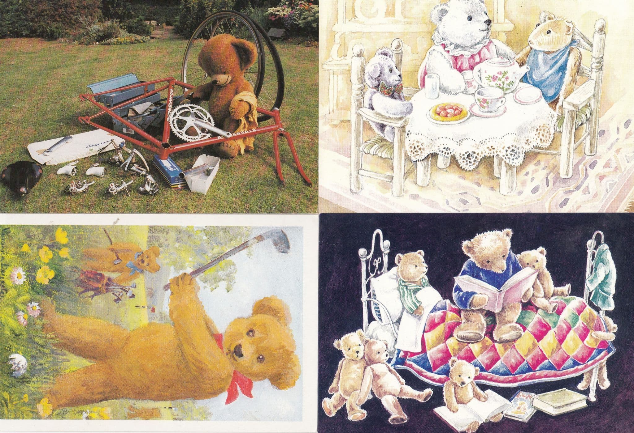 Teddy Bear Golfer Golf Tea Party Reading Book Bicycle Repair 4x Postcard s