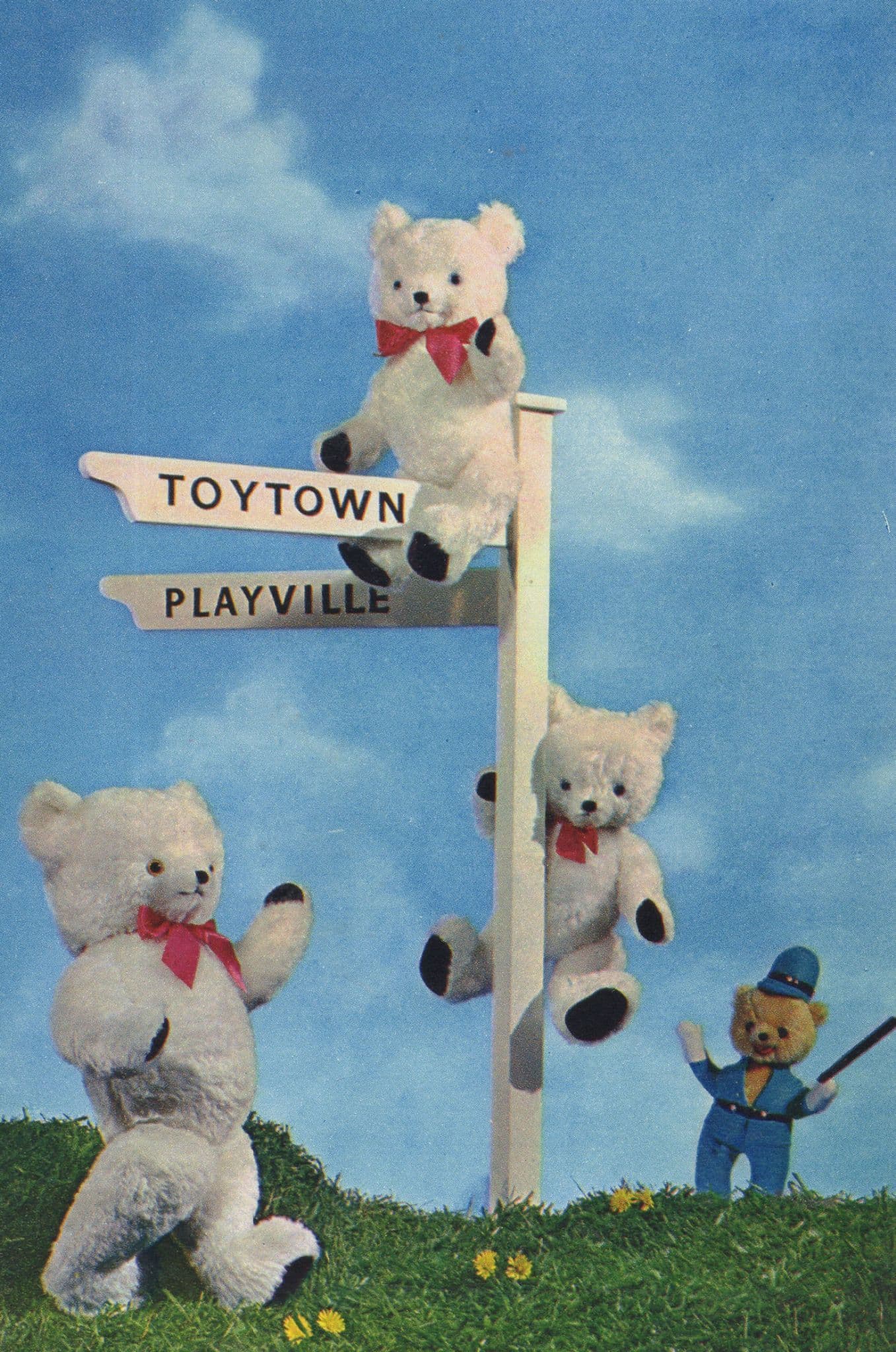 Teddy Bear Loitering On Toytown Road Sign Policeman Comic Postcard
