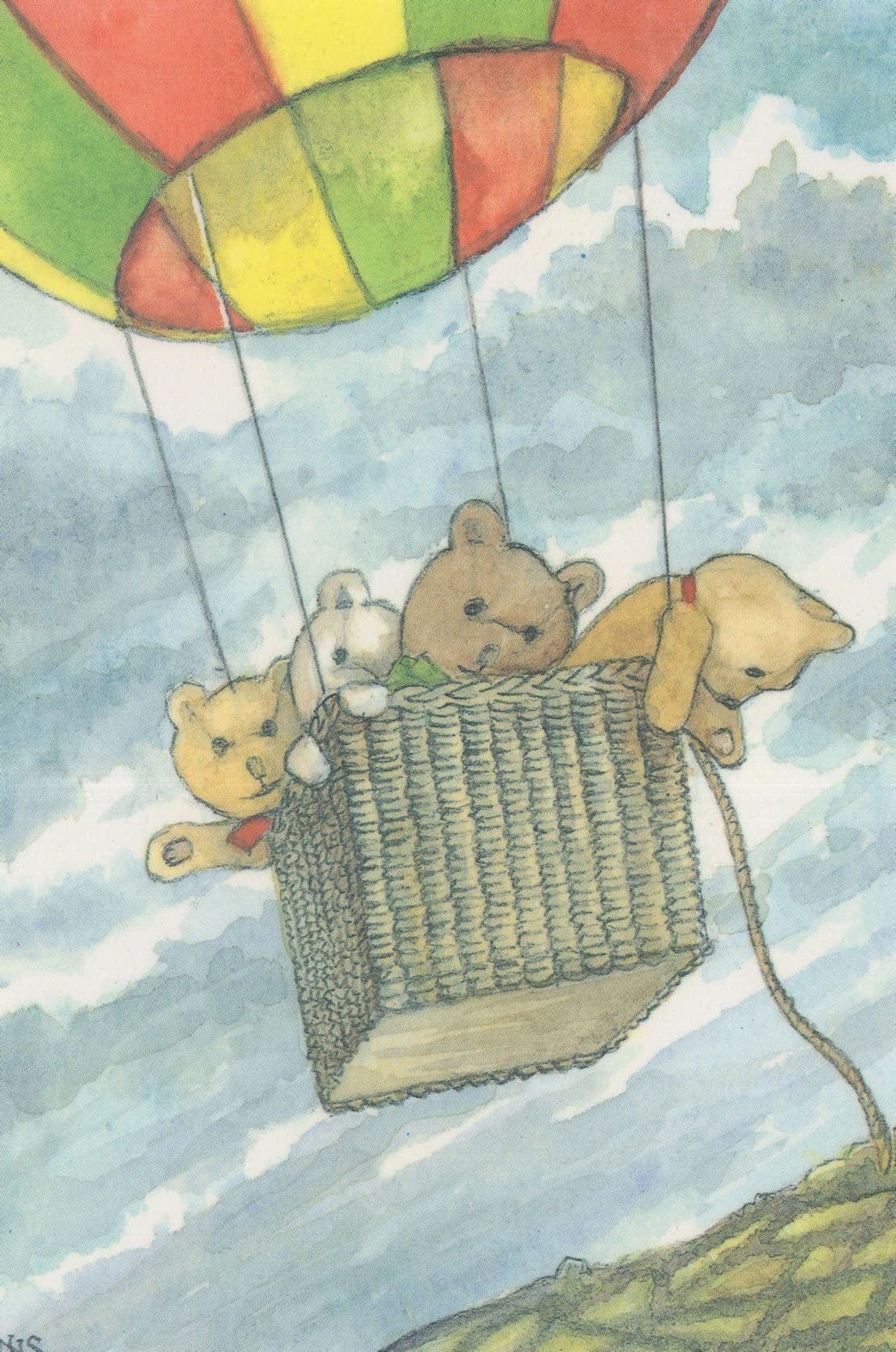 Teddy Bear Teddies in Hot Air Balloon Scared Artist Postcard