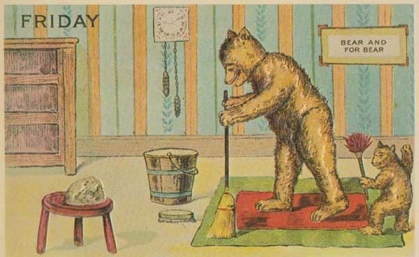 Teddy Bears Bear Mopping Kitchen Floor Friday Sweeping 3D Unique Comic Postcard