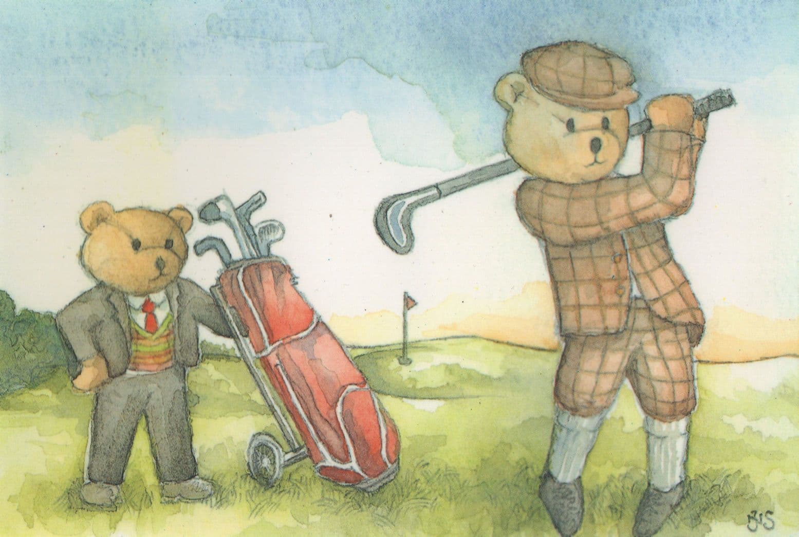 Teddy Bears Playing Golf Beautiful 1990Golfing Painting Postcard