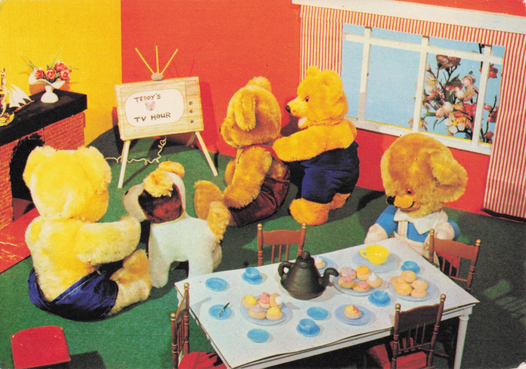 Teddy Bears Watching Vintage Television Set Postcard
