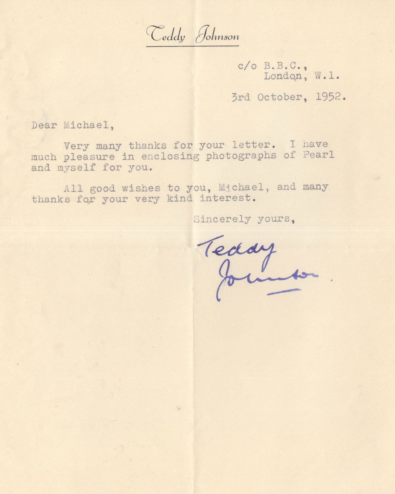Teddy Johnson of And Pearl Carr Fame Hand Signed 1952 BBC Letter