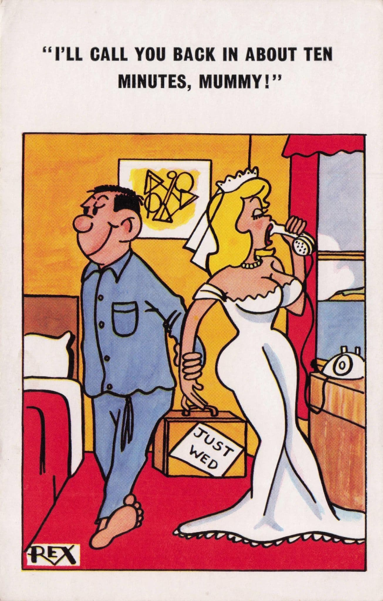 Telephone Call Before Quick Honeymoon Bride Sex Old Comic Postcard
