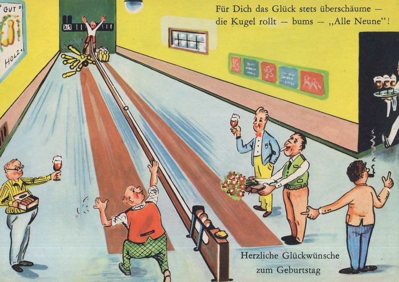Ten Pin Bowling German Skittles Sports Comic Postcard