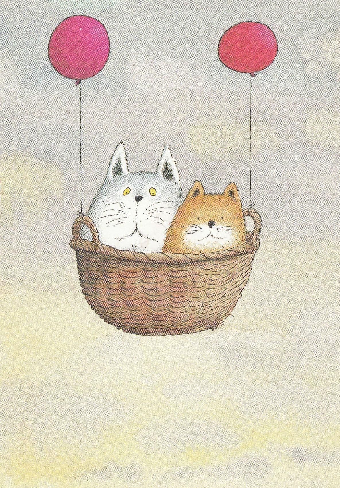 Terrified Cats In Hot Air Balloon German Comic Cat Postcard