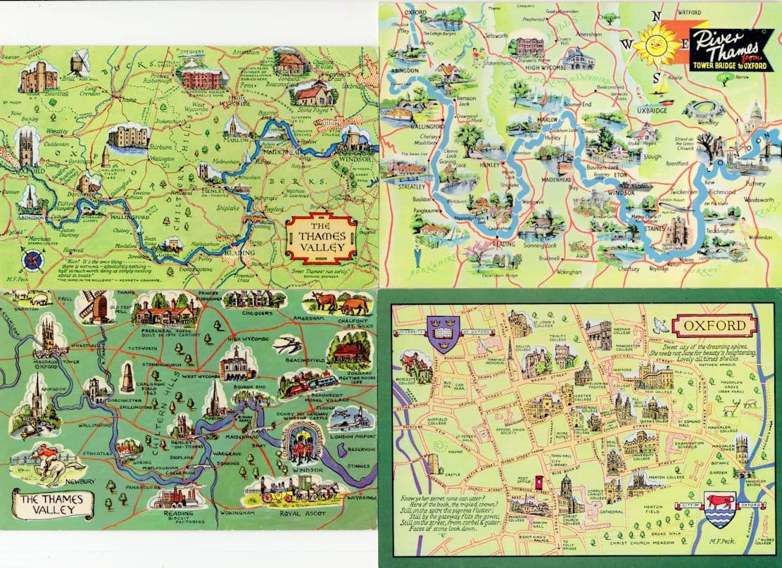 Thames London River & Oxford 4x Map Cartography Postcard s