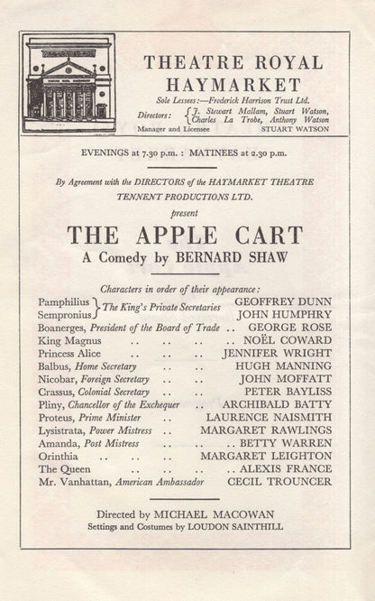 The Apple Cart Bernard Shaw Noel Coward As Actor London Theatre Programme