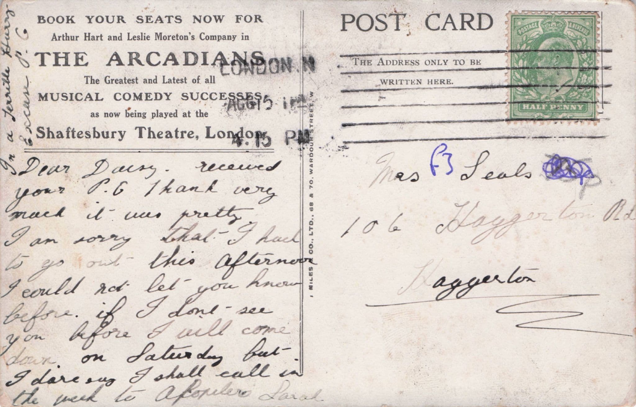 The Arcadians Shaftesbury Theatre London Old Advertising postcard