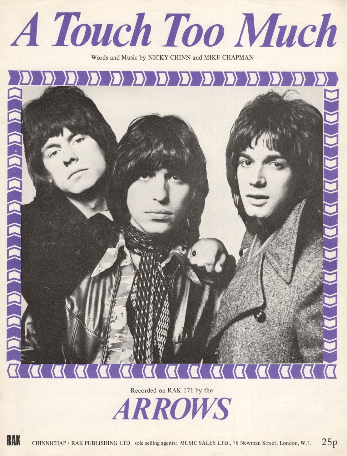The Arrows A Touch Too Much Rare 1970s Glam Rock Sheet Music